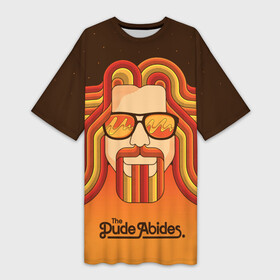 Платье-футболка 3D с принтом The Dude Abides в Тюмени,  |  | dude | jeff bridges | the big lebowski | the dude abides | большой лебовский | боулинг | джефф бриджес | звезды | кегли | космос | фильм | чувак