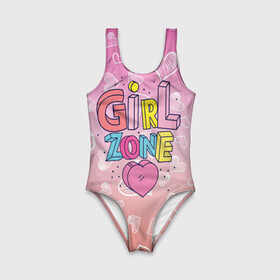 Детский купальник 3D с принтом Girl Zone только для девушек в Тюмени, Полиэстер 85%, Спандекс 15% | Слитный крой, подклад по переду изделия, узкие бретели | girl | girl zone | девочка | девушка | девушке | девушки рулят | зона девушек | только для девушек