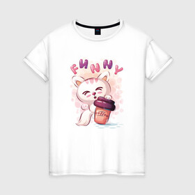 Женская футболка хлопок с принтом Котик с кофе в Тюмени, 100% хлопок | прямой крой, круглый вырез горловины, длина до линии бедер, слегка спущенное плечо | cat | coffee | cute | kitten | kitty | кот | котенок | котик | кофе | милый