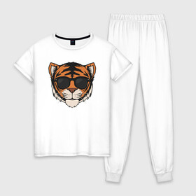 Женская пижама хлопок с принтом Блейз в очках в Тюмени, 100% хлопок | брюки и футболка прямого кроя, без карманов, на брюках мягкая резинка на поясе и по низу штанин | tiger | блейз | большая кошка | дикая кошка | иллюстрация | стикер