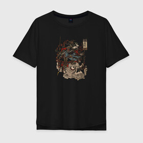 Мужская футболка хлопок Oversize с принтом Warrior on Skull в Тюмени, 100% хлопок | свободный крой, круглый ворот, “спинка” длиннее передней части | samurai | войн | иероглифы | монстр | ниндзя | рыцарь | самурай | скелет | череп | япония