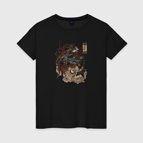 Женская футболка хлопок с принтом Warrior on Skull в Тюмени, 100% хлопок | прямой крой, круглый вырез горловины, длина до линии бедер, слегка спущенное плечо | samurai | войн | иероглифы | монстр | ниндзя | рыцарь | самурай | скелет | череп | япония