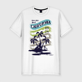 Мужская футболка хлопок Slim с принтом CALIFORNIA BEECH в Тюмени, 92% хлопок, 8% лайкра | приталенный силуэт, круглый вырез ворота, длина до линии бедра, короткий рукав | beech | california | retro | sea | summer | usa | каникулы | лето | море | отдых | пальмы | пляж | ретро | тропики