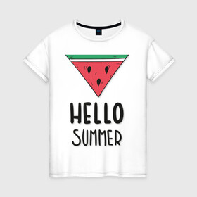 Женская футболка хлопок с принтом HELLO SUMMER в Тюмени, 100% хлопок | прямой крой, круглый вырез горловины, длина до линии бедер, слегка спущенное плечо | funny | happy | hello | icecream | rainbow | romantic | summer | sun | арбуз | веселье | значки | лето | отдых | отпуск | привет | романтика | солнце | счастье | тепло