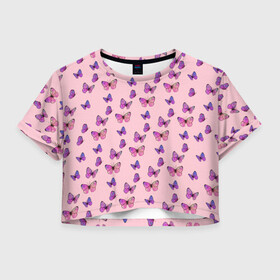 Женская футболка Crop-top 3D с принтом Бабочки фиолетовые 2 в Тюмени, 100% полиэстер | круглая горловина, длина футболки до линии талии, рукава с отворотами | Тематика изображения на принте: бабочка | бабочки | насекомые | нежный | рисунок | роза | сирень | цветочек | цветочный | цветы