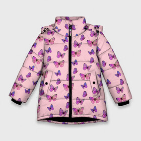 Зимняя куртка для девочек 3D с принтом Бабочки фиолетовые 2 в Тюмени, ткань верха — 100% полиэстер; подклад — 100% полиэстер, утеплитель — 100% полиэстер. | длина ниже бедра, удлиненная спинка, воротник стойка и отстегивающийся капюшон. Есть боковые карманы с листочкой на кнопках, утяжки по низу изделия и внутренний карман на молнии. 

Предусмотрены светоотражающий принт на спинке, радужный светоотражающий элемент на пуллере молнии и на резинке для утяжки. | бабочка | бабочки | насекомые | нежный | рисунок | роза | сирень | цветочек | цветочный | цветы