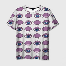 Мужская футболка 3D с принтом Глаза фиолетовые в Тюмени, 100% полиэфир | прямой крой, круглый вырез горловины, длина до линии бедер | Тематика изображения на принте: геометрия | глаз | глаза | иллюзия | медицина | окулист | паттерн | психоделика | радуга | цвета
