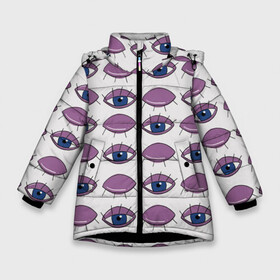 Зимняя куртка для девочек 3D с принтом Глаза фиолетовые в Тюмени, ткань верха — 100% полиэстер; подклад — 100% полиэстер, утеплитель — 100% полиэстер. | длина ниже бедра, удлиненная спинка, воротник стойка и отстегивающийся капюшон. Есть боковые карманы с листочкой на кнопках, утяжки по низу изделия и внутренний карман на молнии. 

Предусмотрены светоотражающий принт на спинке, радужный светоотражающий элемент на пуллере молнии и на резинке для утяжки. | геометрия | глаз | глаза | иллюзия | медицина | окулист | паттерн | психоделика | радуга | цвета