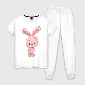 Женская пижама хлопок с принтом Милый кролик в Тюмени, 100% хлопок | брюки и футболка прямого кроя, без карманов, на брюках мягкая резинка на поясе и по низу штанин | банни | заяц | иллюстрация | кролик | милаха