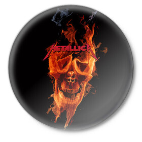Значок с принтом Metallica Flame в Тюмени,  металл | круглая форма, металлическая застежка в виде булавки | Тематика изображения на принте: american | james hetfield | kirk hammett | metal band | metallica | music | mystic | rock | американская | джеймс хетфилд | металлика | музыка | рок | скилет | череп