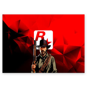 Поздравительная открытка с принтом ROCK STAR GAME в Тюмени, 100% бумага | плотность бумаги 280 г/м2, матовая, на обратной стороне линовка и место для марки
 | Тематика изображения на принте: game | red dead | red dead redemption 2 | redemption 2 | rockstar games | бандиты | дикий запад | игры | ковбои | оружие