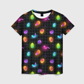 Женская футболка 3D с принтом Ночные фонарики-светлячки в Тюмени, 100% полиэфир ( синтетическое хлопкоподобное полотно) | прямой крой, круглый вырез горловины, длина до линии бедер | абстракция | неон | ночь | паттерн | свет | светлячки | текстуры | узоры | чипсы