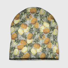 Шапка 3D с принтом ананасы в Тюмени, 100% полиэстер | универсальный размер, печать по всей поверхности изделия | ананас | бесшовный | в разрезе | много ананасов | половинка ананаса | сочный