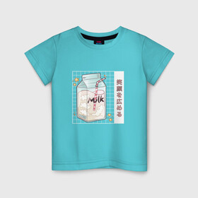 Детская футболка хлопок с принтом Японское кавайное молоко в Тюмени, 100% хлопок | круглый вырез горловины, полуприлегающий силуэт, длина до линии бедер | anime | art | carton | cocktail | cute | food | japan | japanese | kanji | kawaii | manga | milk | алфавит | аниме | арт | в японском стиле | звёзды | кандзи | картон | манга | милота | молочный коктейль | облака | стиль токио | японские буквы 
