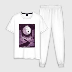 Мужская пижама хлопок с принтом Карты ТАРО | Пейзаж с луной в Тюмени, 100% хлопок | брюки и футболка прямого кроя, без карманов, на брюках мягкая резинка на поясе и по низу штанин
 | 17 век | esoteric | moon | moonlight | moonshine | night | tarot card | башни | гадание | живая луна | замок | затмение | звёздная ночь | звёздное небо | звёзды | карта таро | кристаллы | луна | лунный свет | пейзаж | полумесяц