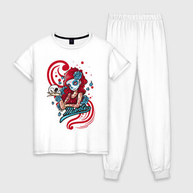 Женская пижама хлопок с принтом Санта Муэрте в Тюмени, 100% хлопок | брюки и футболка прямого кроя, без карманов, на брюках мягкая резинка на поясе и по низу штанин | девушка | иллюстрация | муэрте | череп