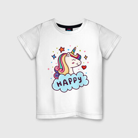 Детская футболка хлопок с принтом Счастливый единорог в Тюмени, 100% хлопок | круглый вырез горловины, полуприлегающий силуэт, длина до линии бедер | cute | funny | pony | rainbow | unicorn | единорог | единорожка | милый | пони | радуга | счастливый