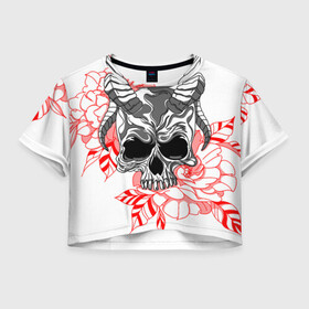 Женская футболка Crop-top 3D с принтом Череп с рогами в Тюмени, 100% полиэстер | круглая горловина, длина футболки до линии талии, рукава с отворотами | Тематика изображения на принте: рога | розы | сатана | цветы | череп | черепок