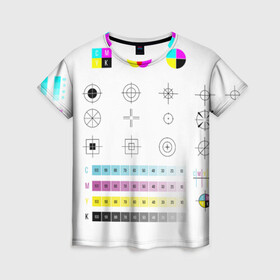 Женская футболка 3D с принтом CMYK в Тюмени, 100% полиэфир ( синтетическое хлопкоподобное полотно) | прямой крой, круглый вырез горловины, длина до линии бедер | Тематика изображения на принте: rgb | печать | подарок дизайнеру | полиграфия | помехи | принтер | тест