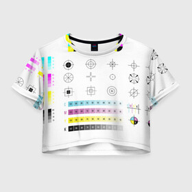 Женская футболка Crop-top 3D с принтом CMYK в Тюмени, 100% полиэстер | круглая горловина, длина футболки до линии талии, рукава с отворотами | Тематика изображения на принте: rgb | печать | подарок дизайнеру | полиграфия | помехи | принтер | тест