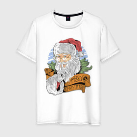 Мужская футболка хлопок с принтом Merry Christmas в Тюмени, 100% хлопок | прямой крой, круглый вырез горловины, длина до линии бедер, слегка спущенное плечо. | cанта | дед мороз | иллюстрация | рождество | сочельник