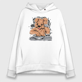 Женское худи Oversize хлопок с принтом DJ Bear в Тюмени, френч-терри — 70% хлопок, 30% полиэстер. Мягкий теплый начес внутри —100% хлопок | боковые карманы, эластичные манжеты и нижняя кромка, капюшон на магнитной кнопке | Тематика изображения на принте: beer | вечеринка | диджей | животные | иллюстрация