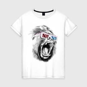 Женская футболка хлопок с принтом Дикая горилла в Тюмени, 100% хлопок | прямой крой, круглый вырез горловины, длина до линии бедер, слегка спущенное плечо | горилла | дикий | иллюстрация | конг | очки