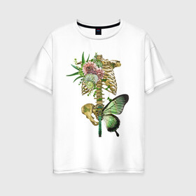 Женская футболка хлопок Oversize с принтом Внутренний мир в Тюмени, 100% хлопок | свободный крой, круглый ворот, спущенный рукав, длина до линии бедер
 | art | бабочка | иллюстрация | скелет | цветы