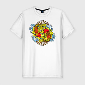Мужская футболка хлопок Slim с принтом Карпы Кои в Тюмени, 92% хлопок, 8% лайкра | приталенный силуэт, круглый вырез ворота, длина до линии бедра, короткий рукав | art | иллюстрация | карпы | кои | рыбки