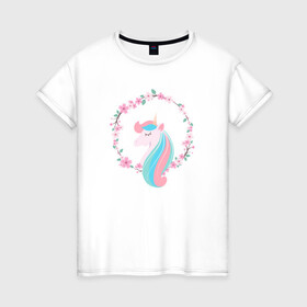 Женская футболка хлопок с принтом Единорог в Тюмени, 100% хлопок | прямой крой, круглый вырез горловины, длина до линии бедер, слегка спущенное плечо | unikorn | единорог | единорожка | конь | радуга | рог | цветной
