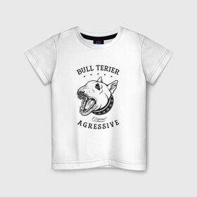 Детская футболка хлопок с принтом Агрессивный бультерьер в Тюмени, 100% хлопок | круглый вырез горловины, полуприлегающий силуэт, длина до линии бедер | Тематика изображения на принте: cute | dog | woof | гав | забавный | кости | пес | собака