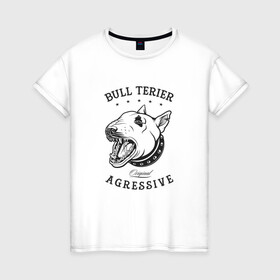 Женская футболка хлопок с принтом Агрессивный бультерьер в Тюмени, 100% хлопок | прямой крой, круглый вырез горловины, длина до линии бедер, слегка спущенное плечо | cute | dog | woof | гав | забавный | кости | пес | собака