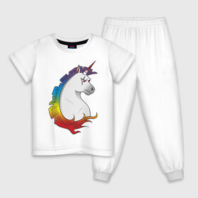 Детская пижама хлопок с принтом  Единорог в Тюмени, 100% хлопок |  брюки и футболка прямого кроя, без карманов, на брюках мягкая резинка на поясе и по низу штанин
 | Тематика изображения на принте: angry unicorn | harsh unicorn | rainbow unicorn | unicorn | единорог | злой единорог | радужный единорог | суровый единорог