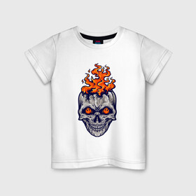 Детская футболка хлопок с принтом Череп огонь в Тюмени, 100% хлопок | круглый вырез горловины, полуприлегающий силуэт, длина до линии бедер | fire | skull | в огне | огонь | хипстер | череп | черепушка