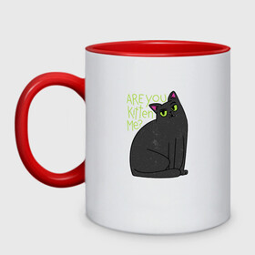 Кружка двухцветная с принтом Are you kitten me | Чёрный кот в Тюмени, керамика | объем — 330 мл, диаметр — 80 мм. Цветная ручка и кайма сверху, в некоторых цветах — вся внутренняя часть | big eyes | black cat | fear | funny cat | joking | kitten | kitty | игра слов | испуг | киса | кот с большими глазами | котёнок | котик | котики | кошка | кошки | милый котик | не шути со мной | прикол | рисунок | тёмный кот