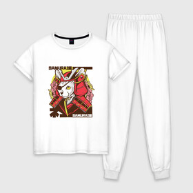 Женская пижама хлопок с принтом Японский кот самурай в Тюмени, 100% хлопок | брюки и футболка прямого кроя, без карманов, на брюках мягкая резинка на поясе и по низу штанин | art | cat | cyberpunk samurai | ninja | oni | ronin | samurai | shogun | yakuza | арт | воин | воитель | киберпанк самурай | кошка | мерч | прикол | путь воина | путь война | ронин | сёгун | сепукку | токио | харакири | черный самурай