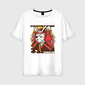 Женская футболка хлопок Oversize с принтом Японский кот самурай в Тюмени, 100% хлопок | свободный крой, круглый ворот, спущенный рукав, длина до линии бедер
 | art | cat | cyberpunk samurai | ninja | oni | ronin | samurai | shogun | yakuza | арт | воин | воитель | киберпанк самурай | кошка | мерч | прикол | путь воина | путь война | ронин | сёгун | сепукку | токио | харакири | черный самурай