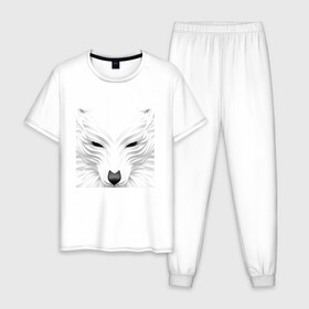 Мужская пижама хлопок с принтом Мордочка в Тюмени, 100% хлопок | брюки и футболка прямого кроя, без карманов, на брюках мягкая резинка на поясе и по низу штанин
 | белый волк | волк | дух зверя | зверь | лиса | мордочка зверя