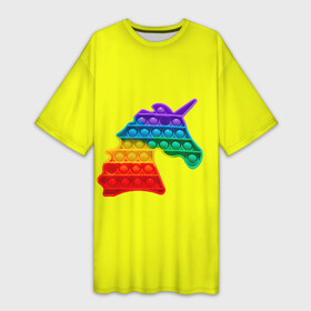 Платье-футболка 3D с принтом Pop It единорог радужный в Тюмени,  |  | popit | simple dimple | unicorn | антистресс | единорог | желтый фон | игрушка | радуга | радужный