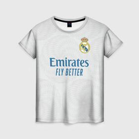Женская футболка 3D с принтом Реал Мадрид форма 2021/2022 в Тюмени, 100% полиэфир ( синтетическое хлопкоподобное полотно) | прямой крой, круглый вырез горловины, длина до линии бедер | Тематика изображения на принте: 2021 | 2022 | madrid | real | испания | мадрид | новая | реал | реал мадрид | форма | футбол