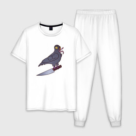 Мужская пижама хлопок с принтом Опасный голубь в Тюмени, 100% хлопок | брюки и футболка прямого кроя, без карманов, на брюках мягкая резинка на поясе и по низу штанин
 | голубь | крылья | нож | перья | полёт | птица | червяк