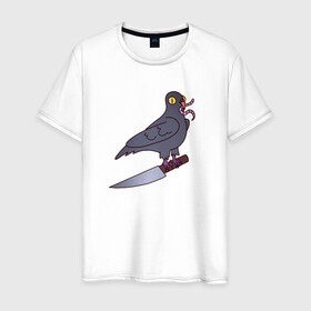 Мужская футболка хлопок с принтом Опасный голубь в Тюмени, 100% хлопок | прямой крой, круглый вырез горловины, длина до линии бедер, слегка спущенное плечо. | голубь | крылья | нож | перья | полёт | птица | червяк