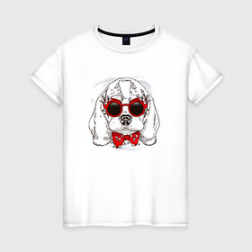 Женская футболка хлопок с принтом Собака в очках в Тюмени, 100% хлопок | прямой крой, круглый вырез горловины, длина до линии бедер, слегка спущенное плечо | dog | в очках | крутой | мопс | пес | с бантиком | собака | шипы | щенок