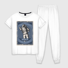 Женская пижама хлопок с принтом First In Space в Тюмени, 100% хлопок | брюки и футболка прямого кроя, без карманов, на брюках мягкая резинка на поясе и по низу штанин | Тематика изображения на принте: art | first | астронавт | галактика | иллюстрация