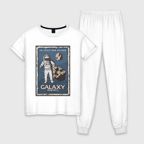 Женская пижама хлопок с принтом Galaxy Research Art в Тюмени, 100% хлопок | брюки и футболка прямого кроя, без карманов, на брюках мягкая резинка на поясе и по низу штанин | art | астероид | астронавт | галактика | иллюстрация