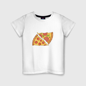 Детская футболка хлопок с принтом Два кусочка пиццы  в Тюмени, 100% хлопок | круглый вырез горловины, полуприлегающий силуэт, длина до линии бедер | chees | cheesy | fast food | fastfood | food | love | margarita | pepperoni | pizza | pizza lover | pizza margherita | slice | two pizza slices | базилик | колбаса | колбаска | люблю пиццу | любовь | маргарита | овощи | пепперони | помидоры | сыр | тянущи
