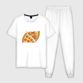 Мужская пижама хлопок с принтом Два кусочка пиццы  в Тюмени, 100% хлопок | брюки и футболка прямого кроя, без карманов, на брюках мягкая резинка на поясе и по низу штанин
 | chees | cheesy | fast food | fastfood | food | love | margarita | pepperoni | pizza | pizza lover | pizza margherita | slice | two pizza slices | базилик | колбаса | колбаска | люблю пиццу | любовь | маргарита | овощи | пепперони | помидоры | сыр | тянущи