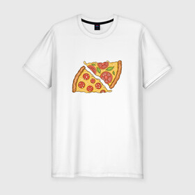 Мужская футболка хлопок Slim с принтом Два кусочка пиццы  в Тюмени, 92% хлопок, 8% лайкра | приталенный силуэт, круглый вырез ворота, длина до линии бедра, короткий рукав | chees | cheesy | fast food | fastfood | food | love | margarita | pepperoni | pizza | pizza lover | pizza margherita | slice | two pizza slices | базилик | колбаса | колбаска | люблю пиццу | любовь | маргарита | овощи | пепперони | помидоры | сыр | тянущи