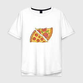 Мужская футболка хлопок Oversize с принтом Два кусочка пиццы  в Тюмени, 100% хлопок | свободный крой, круглый ворот, “спинка” длиннее передней части | Тематика изображения на принте: chees | cheesy | fast food | fastfood | food | love | margarita | pepperoni | pizza | pizza lover | pizza margherita | slice | two pizza slices | базилик | колбаса | колбаска | люблю пиццу | любовь | маргарита | овощи | пепперони | помидоры | сыр | тянущи