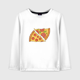 Детский лонгслив хлопок с принтом Два кусочка пиццы  в Тюмени, 100% хлопок | круглый вырез горловины, полуприлегающий силуэт, длина до линии бедер | chees | cheesy | fast food | fastfood | food | love | margarita | pepperoni | pizza | pizza lover | pizza margherita | slice | two pizza slices | базилик | колбаса | колбаска | люблю пиццу | любовь | маргарита | овощи | пепперони | помидоры | сыр | тянущи